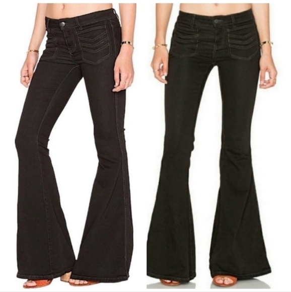 NWOT! Free People Stella EXTREME FLARE 15"! Mid Rise Black Chevron Pocket Jeans! - Picture 7 of 16